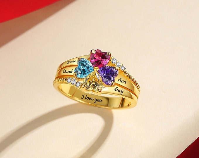 Personalisierter Herz Birthstone Ring, 4 Stein gravierte Namen Ring, Familienring für Mütter.