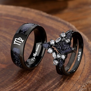Nebula Couple&#39;s Ring Set, 3pc Wedding Band Set, Customize Constellations Rings, Blue Sandstone Ring Engagement Ring Wedding Anniversary Gift
