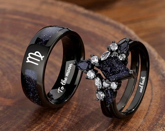 Ensemble de bagues couple nébuleuse, ensemble de 3 alliances, bagues constellations à personnaliser, bague en grès bleu, bague de fiançailles, cadeau d'anniversaire de mariage