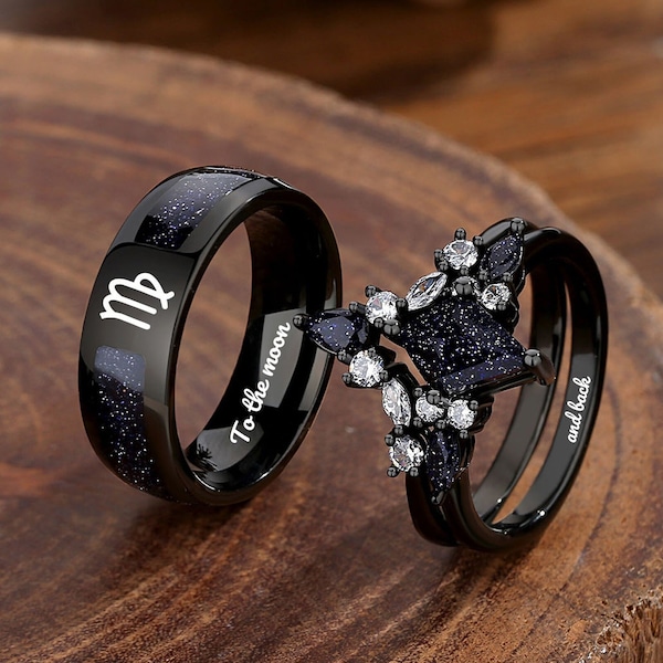 Nebula Couple's Ring Set, 3pc Wedding Band Set, Customize Constellations Rings, Blue Sandstone Ring Engagement Ring Wedding Anniversary Gift