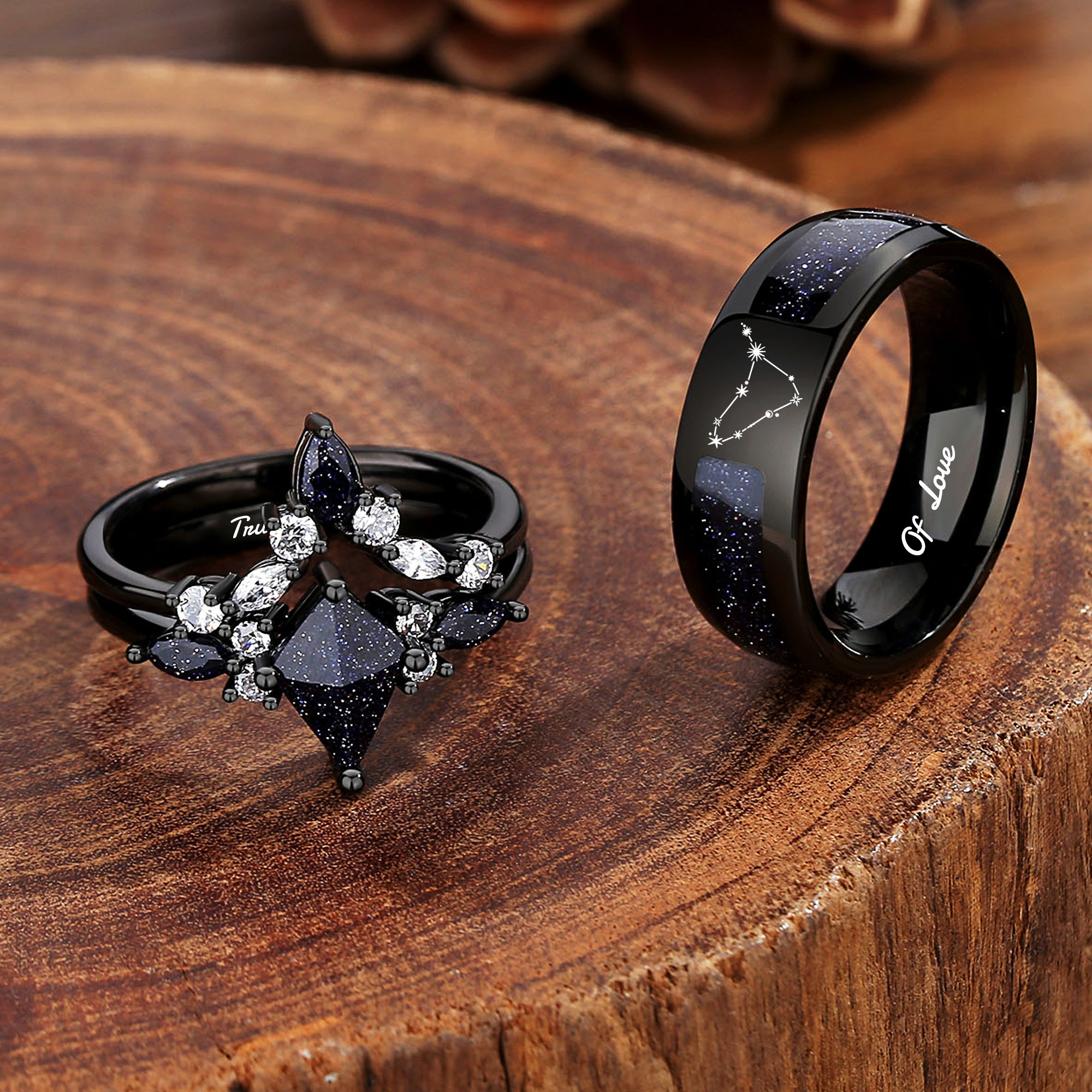 Nebula Couple&#39;s Ring Set, 3pc Wedding Band Set, Customize Constellations Rings, Blue Sandstone Ring Engagement Ring Wedding Anniversary Gift