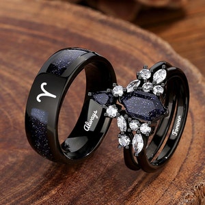 Nebula Couple&#39;s Ring Set, Hexagon Cut Blue Sandstone Ring,3pc Wedding Band Set,Constellations Rings,Engagement Ring Wedding Anniversary Gift