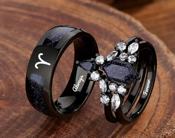 Conjunto de anillos de pareja de nebulosa, anillo de arenisca azul de corte hexagonal, conjunto de alianzas de boda de 3 piezas, anillos de constelaciones, regalo de aniversario de boda de anillo de compromiso