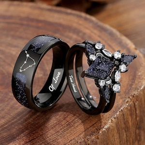 Nebula Couple's Ring Set, 3pc Wedding Band Set, Customize Constellations Rings, Blue Sandstone Ring Engagement Ring Wedding Anniversary Gift