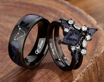 Nebula Couple's Ring Set, 3pc Wedding Band Set, Customize Constellations Rings, Blue Sandstone Ring Engagement Ring Wedding Anniversary Gift