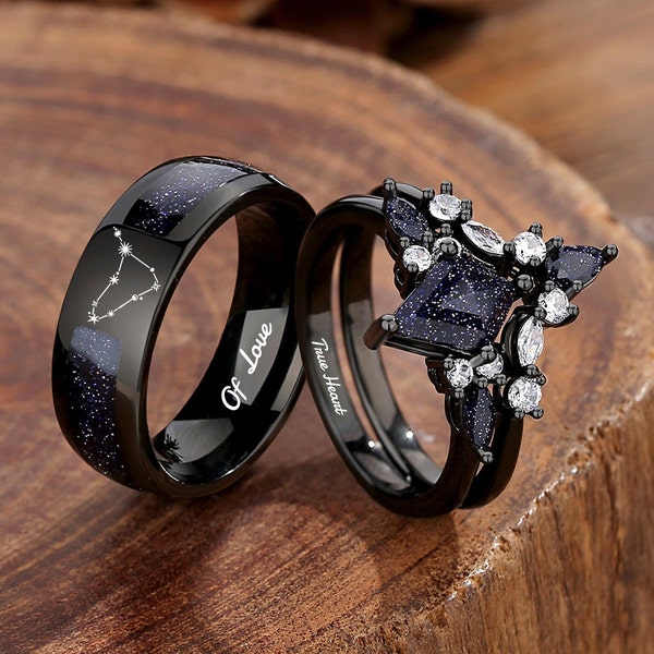 Blue Sandstone Galaxy Ring Set – Wedding & Engagement Rings, His and Hers Constellation Band