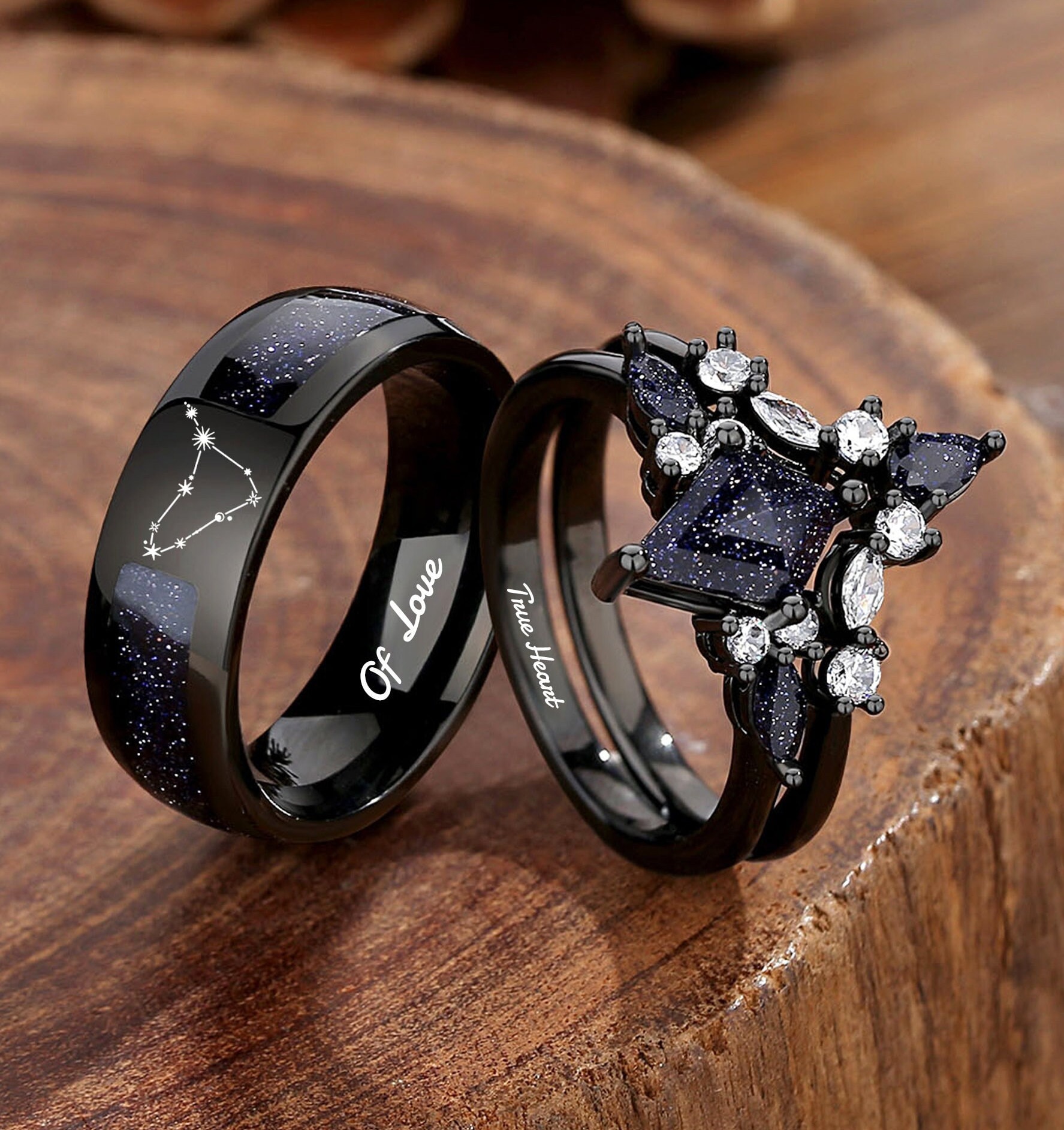 Nebula Couple&#39;s Ring Set, 3pc Wedding Band Set, Customize Constellations Rings, Blue Sandstone Ring Engagement Ring Wedding Anniversary Gift