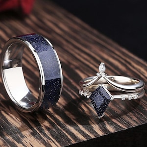 925 Sterling Silver Orion Nebula Ring Set, His and Her Starry Night Wedding Ring, Matching Ring for Couples, Blue Sandstone Rings.