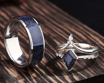 Sterling Silver Blue Sandstone Ring Set, His and Hers Wedding Bands