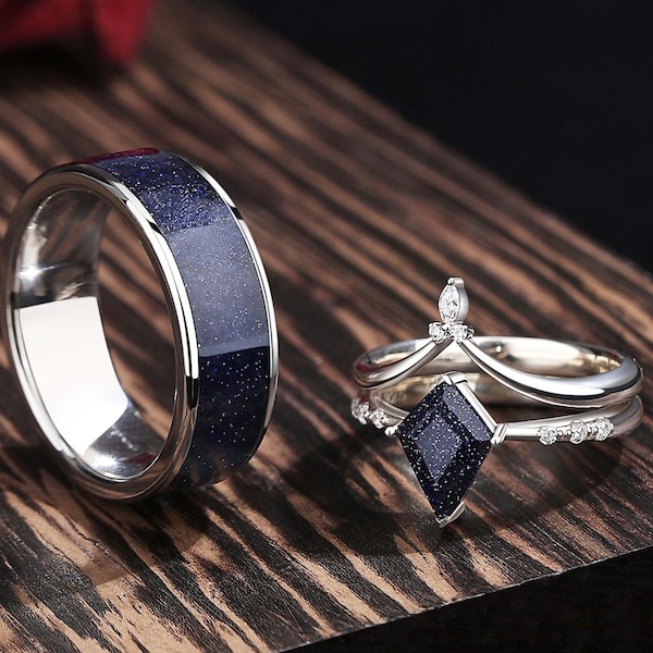 Sterling Silver Blue Sandstone Ring Set, His and Hers Wedding Bands