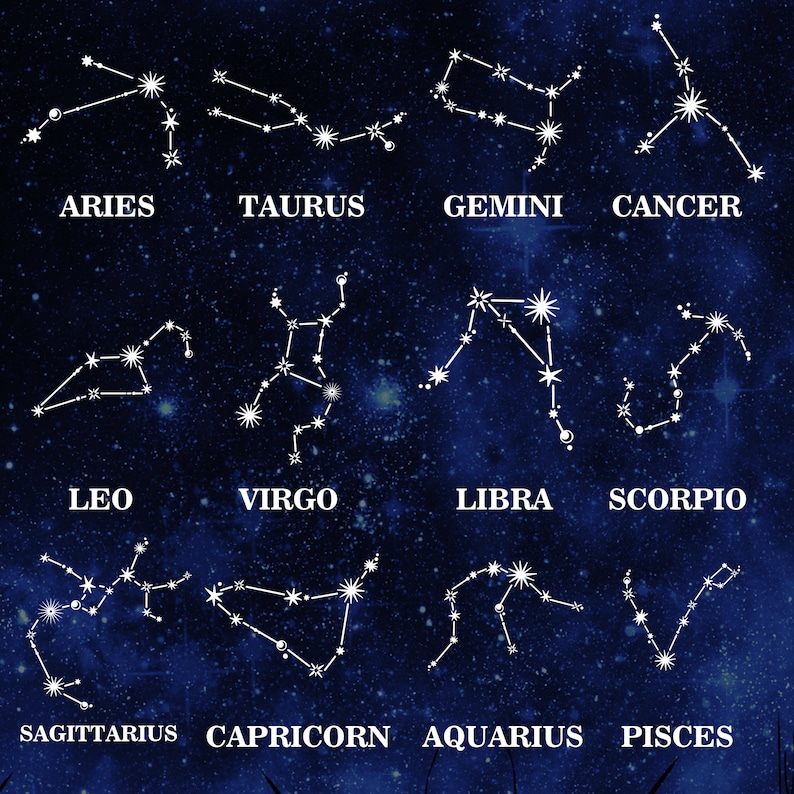 May include: A blue background with white outlines of the 12 zodiac constellations. The constellations are labeled with their names: Aries, Taurus, Gemini, Cancer, Leo, Virgo, Libra, Scorpio, Sagittarius, Capricorn, Aquarius, and Pisces.