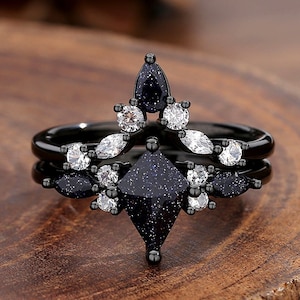 Nebula Rings Set for Women, 2 Pcs Kite Cut Blue Sandstone Rings Matching Promise Wedding Rings Engagement Ring Anniversary Gift.