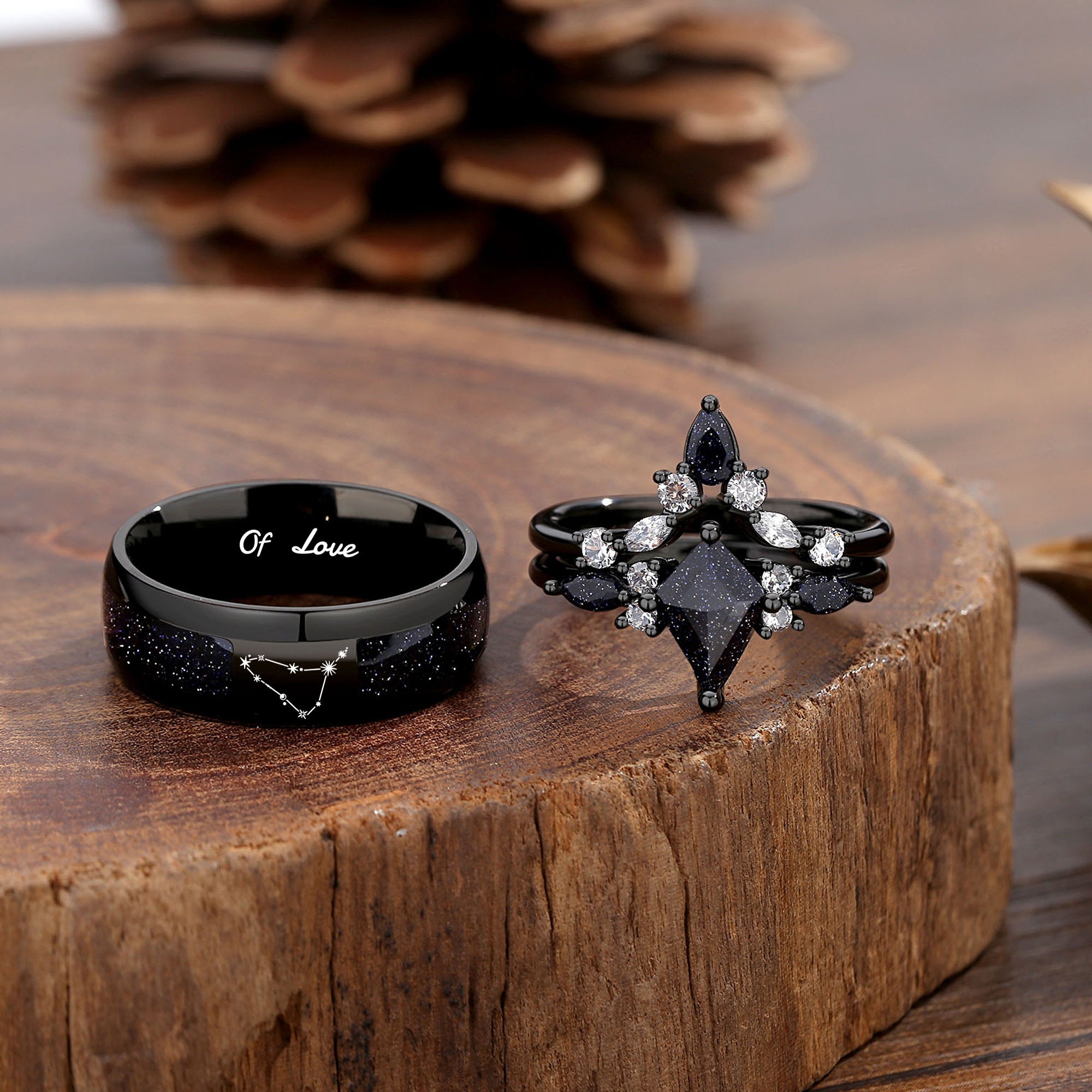Nebula Couple&#39;s Ring Set, 3pc Wedding Band Set, Customize Constellations Rings, Blue Sandstone Ring Engagement Ring Wedding Anniversary Gift