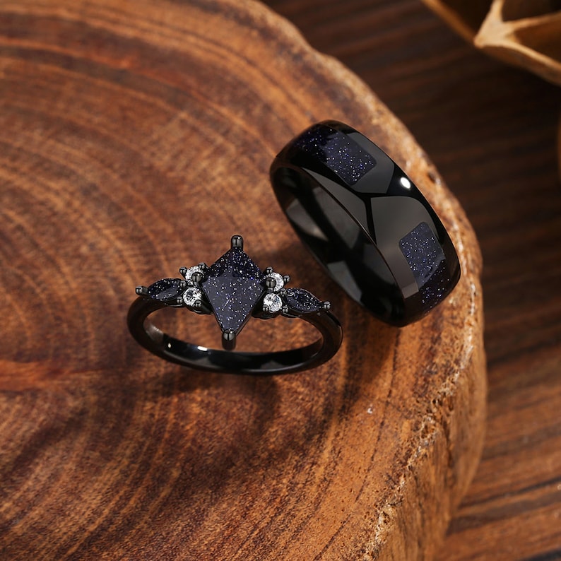 Ensemble de bagues nébuleuse d'Orion, bagues de promesse assorties pour couple, bague de fiançailles en grès bleu, cadeau d'anniversaire. image 5