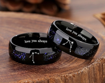 Parure de bagues couple galaxie, bagues constellation, bagues de promesse assorties au mariage nébuleuse d'Orion pour femme, 2 bagues de fiançailles en or noir.