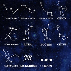May include: A chart with illustrations of constellations, including Cassiopeia, Ursa Major, Ursa Minor, Orion, Canis Major, Lyra, Bo&ouml;tes, Cetus, Andromeda, and a custom option. The constellations are depicted in white against a dark blue background.