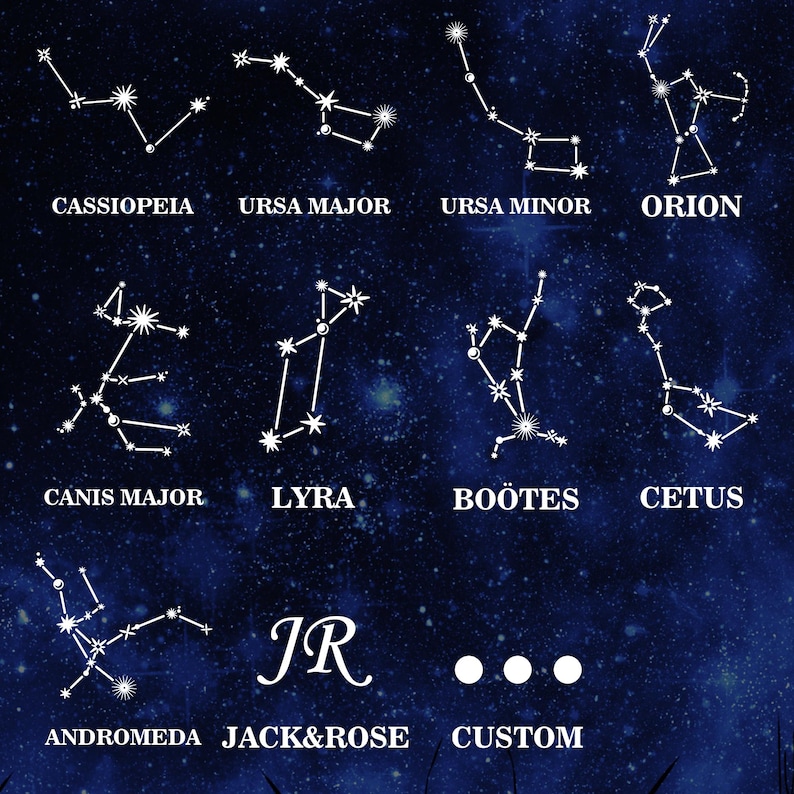 May include: A chart with illustrations of constellations, including Cassiopeia, Ursa Major, Ursa Minor, Orion, Canis Major, Lyra, Bo&ouml;tes, Cetus, Andromeda, and a custom option. The constellations are depicted in white against a dark blue background.