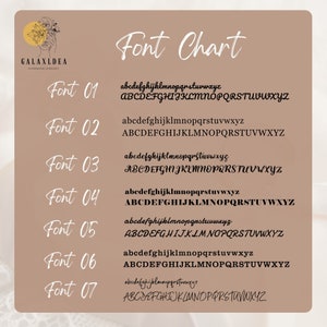 May include: Font chart with seven different font styles. Each font style is shown in lowercase and uppercase letters. The chart is on a light brown background.