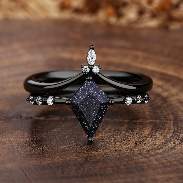 Black Engagement Ring Set for Women – Galaxy Blue Sandstone Orion Nebula Ring, Titanium Plated