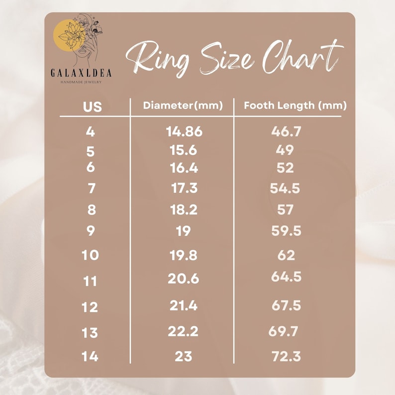 May include: Ring size chart with US ring sizes, corresponding diameter in millimeters, and finger length in millimeters. The chart shows sizes 4 through 14.