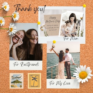May include: A corkboard with several framed photos and a few daisies pinned to it. The photos show different people and occasions, including a mother and daughter reading a book, two friends laughing, and a couple standing on a pier. The text "Thank you!" is written at the top of the corkboard.