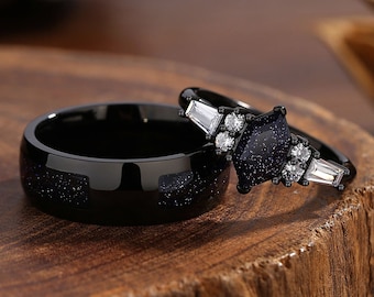 Orion Nebula Ring Set, Hexagon Cut Matching Promise Rings for Couples, Blue Sandstone Rings Engagement Ring Anniversary Gift.
