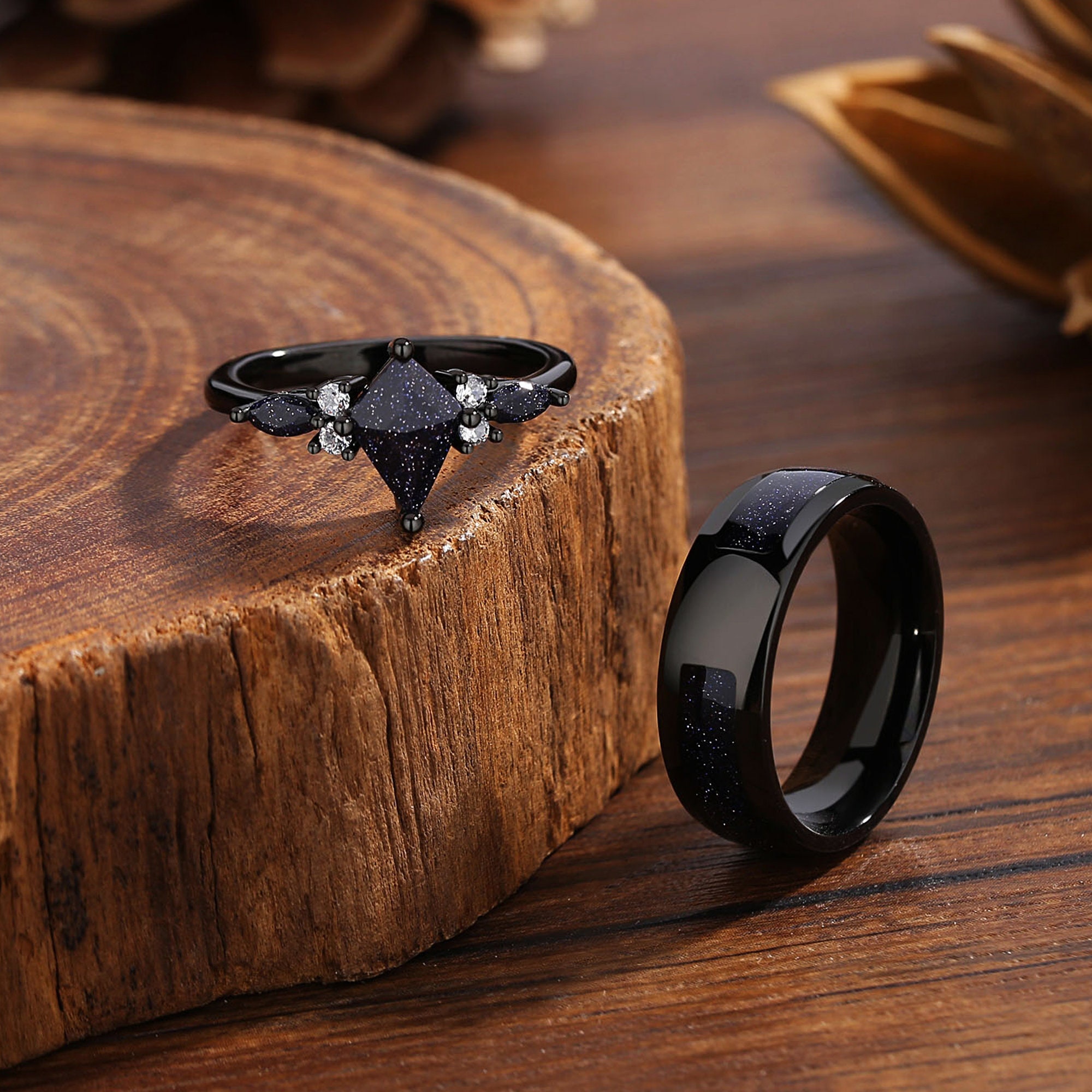 Orion Nebula Ring Set, Matching Promise Rings for Couples, Blue Sandstone Rings Engagement Ring Anniversary Gift.