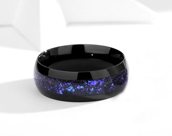 Bague galaxie pour homme, alliances 8 mm pour mariage Nébuleuse d'Orion pour femme, bague de fiançailles en or noir.