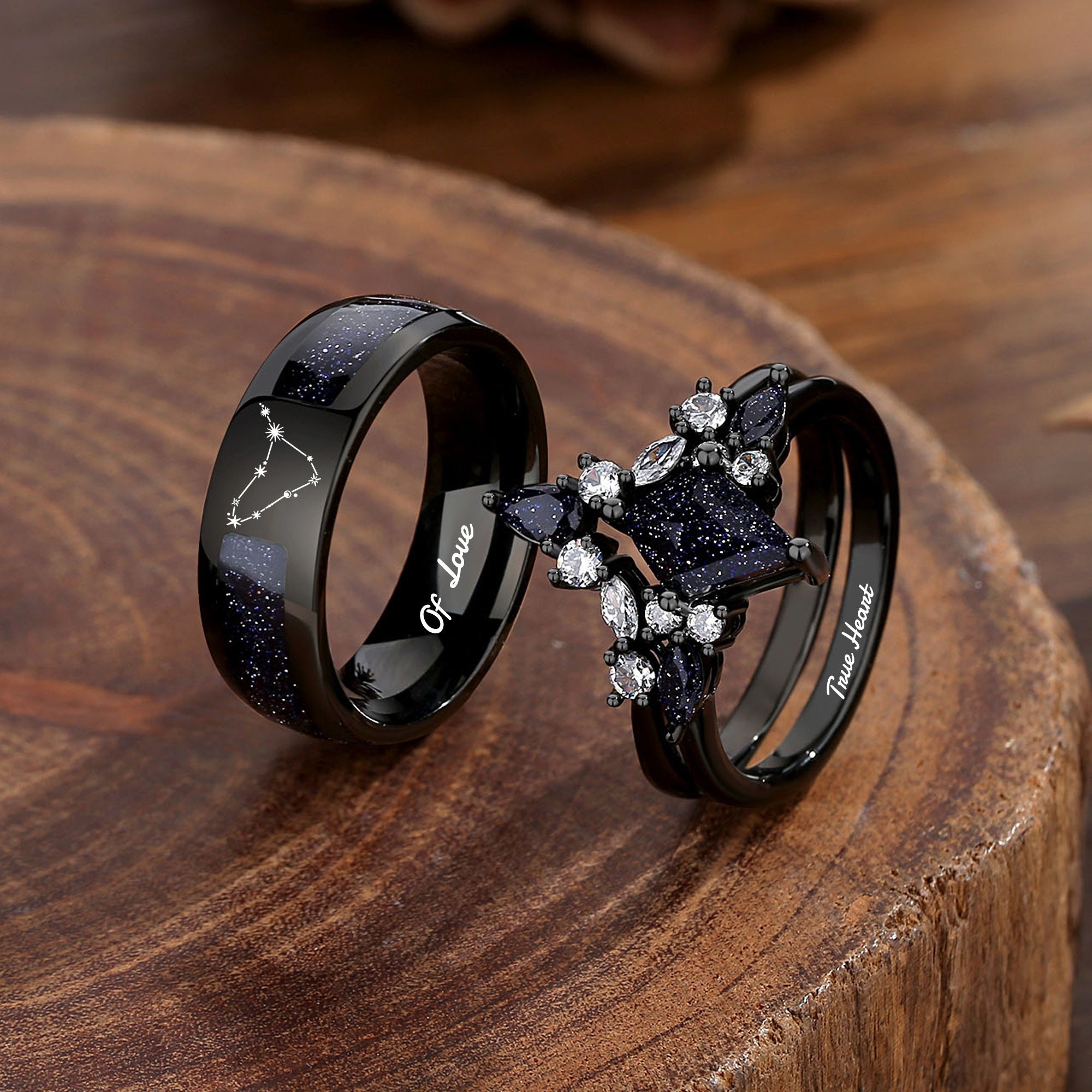 Nebula Couple&#39;s Ring Set, 3pc Wedding Band Set, Customize Constellations Rings, Blue Sandstone Ring Engagement Ring Wedding Anniversary Gift