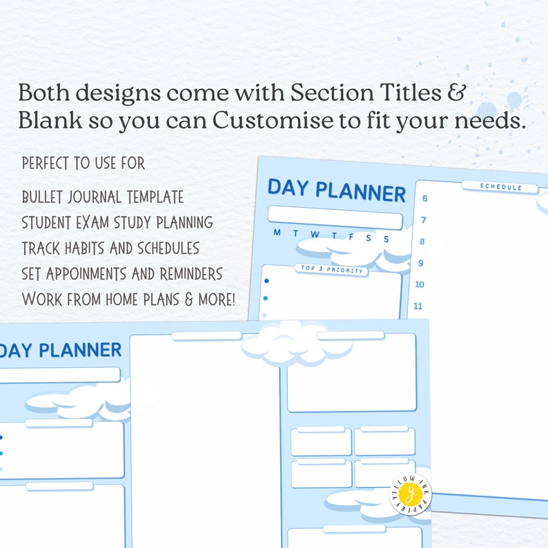 Blue sky daily planner printable work day organiser study etsy