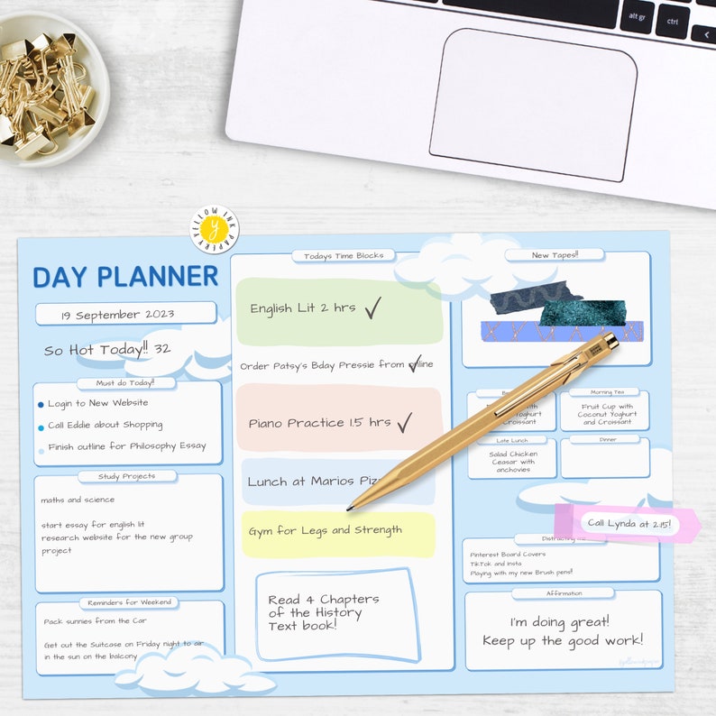 Blue Sky Daily Planner Printable. Work Day Organiser Study Etsy
