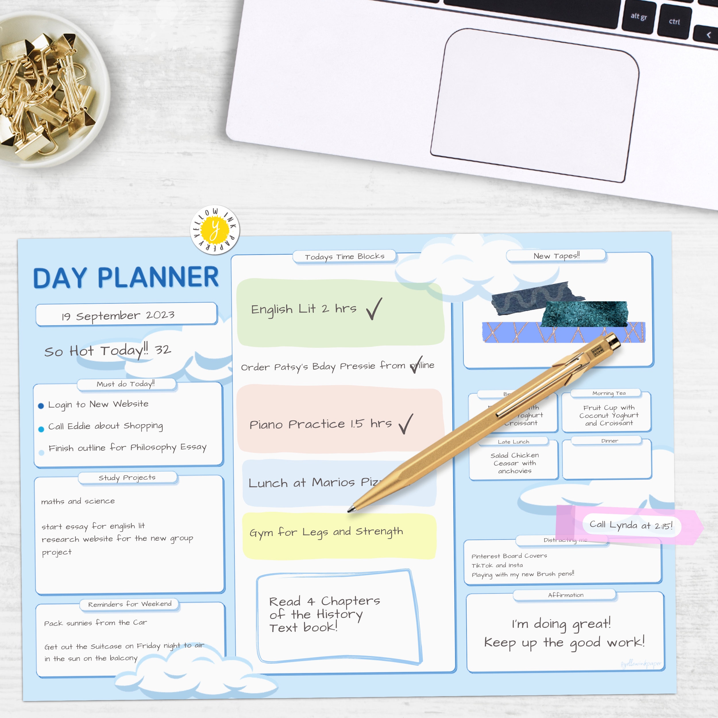 Blue sky daily planner printable work day organiser study etsy