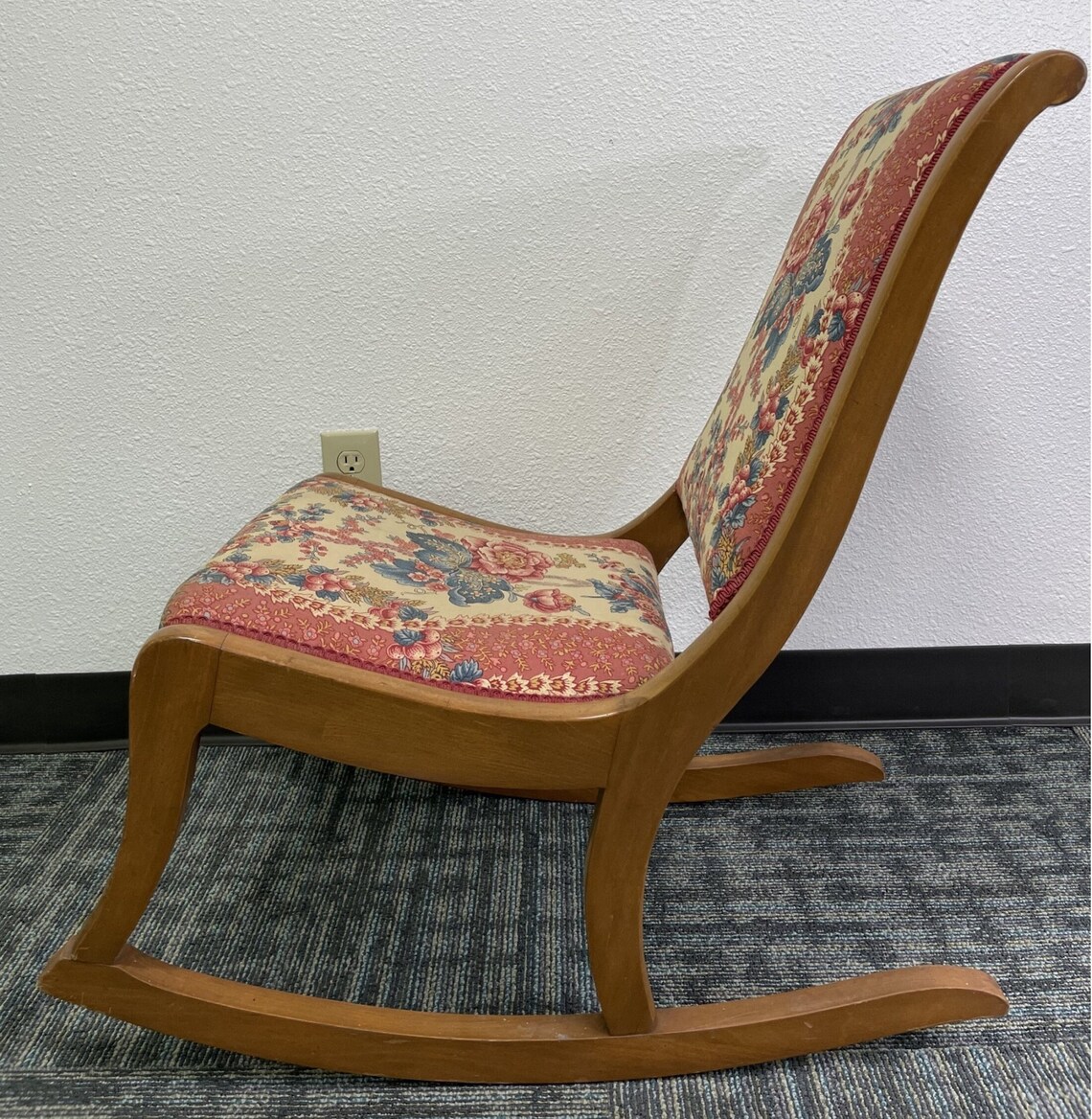 Vintage Sewing Rocker With Floral Pattern Linen Upholstery Antique Lady ...