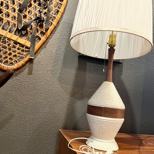 Vintage MCM Ceramic and Wood Light Blue Lamp Mid Century Table Lamp Blue Ceramic with Dark Wood Grain Accent by Mid Mod Home LPUniquities