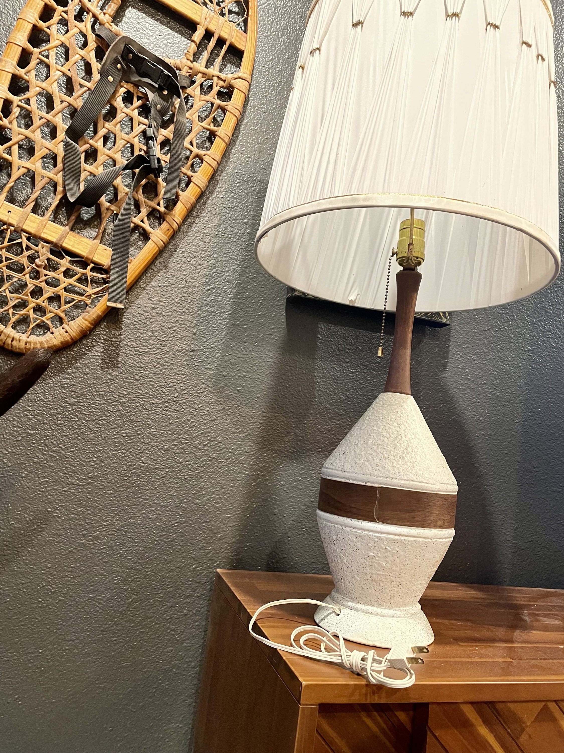 Vintage MCM Ceramic Table Lamp: Light Blue, Dark Wood Accent - Etsy