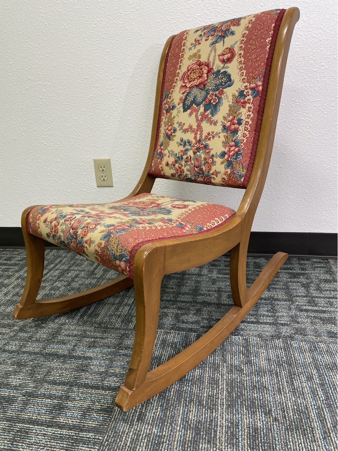 Vintage Sewing Rocker With Floral Pattern Linen Upholstery Antique Lady