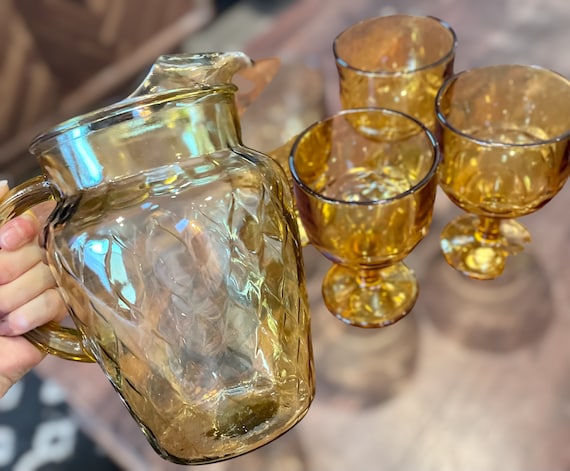 Vintage Amber Glass Pitcher & Goblets Set of 4 Glasses With Matching Pitcher  Retro Drink Serving Lemonade Pitcher Cute Gift by Lpuniquities 