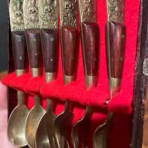Vintage Brass Cocktail Fork and Spoon Set of Three Mid Century Made in Siam Brass Buddha Figure and Wood Handles Unique Find by LPUniquities