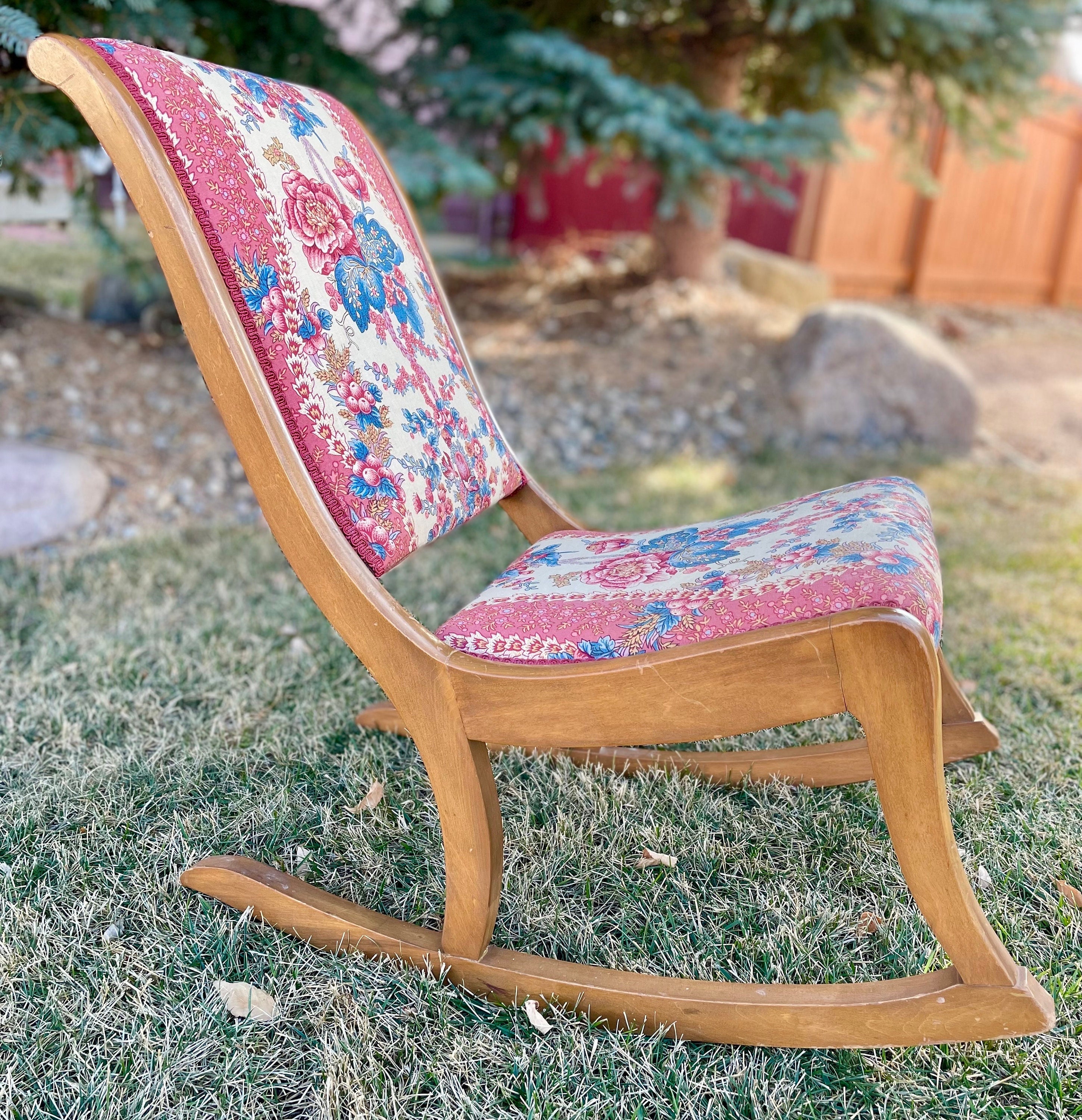 Vintage Sewing Rocker With Floral Pattern Linen Upholstery Antique