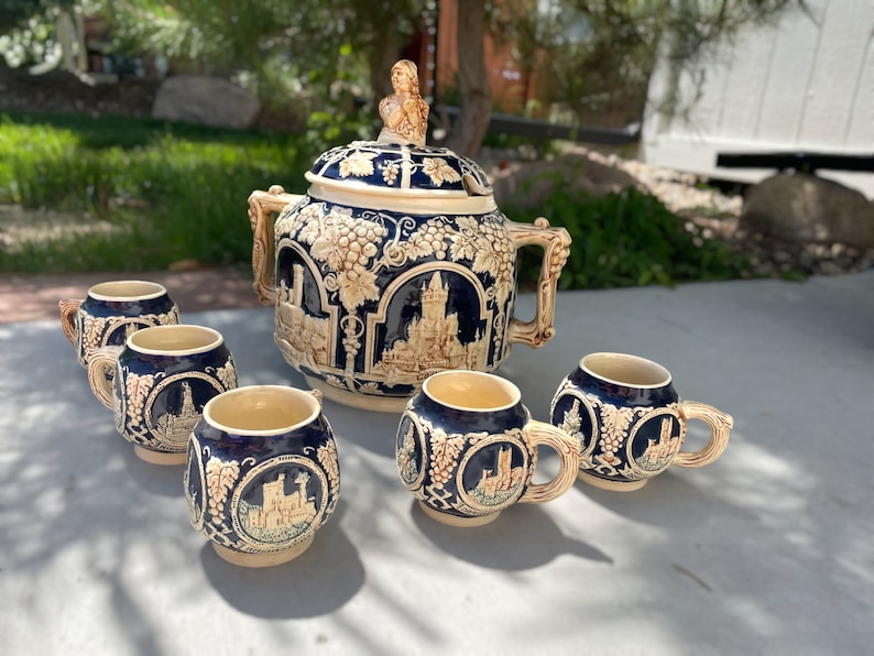 Vintage German Ceramic Punch Bowl Set: Castle Motif, 1950s Tureen ...