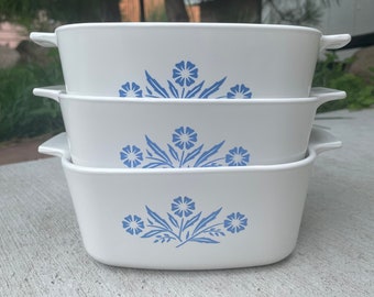 Corningware Dish Set Cornflower Blue Floral Pattern Vintage Set of 3 Square Casserole Dishes Model A-1 1/2-B Dish Collection by LPUniquities