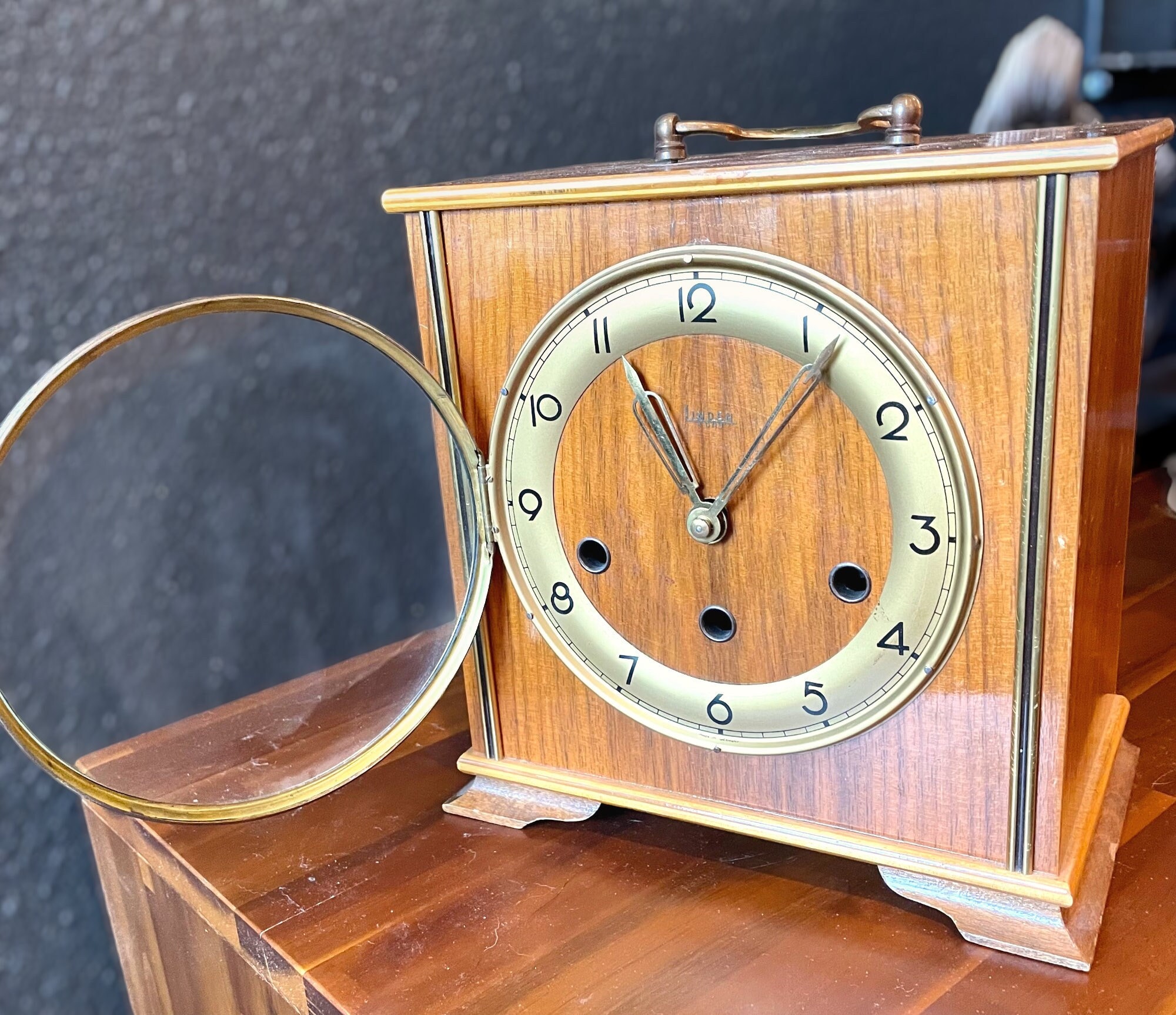 Antique German Art Deco Bing Bong Gong Chime 8 Day Wall Clock with Key