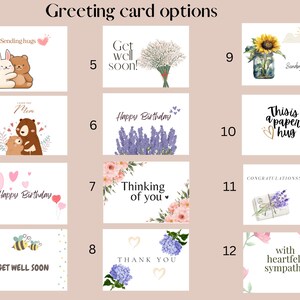 May include: Twelve greeting card options with various themes, including birthday, get well soon, thinking of you, thank you, sympathy, and sending hugs. The cards feature illustrations of animals, flowers, and other designs.
