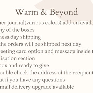 May include: Text on a cream-colored background reads "Warm & Beyond" and lists product details, including A5 leather journals in various colors, greeting card options, and double-boxed packaging.