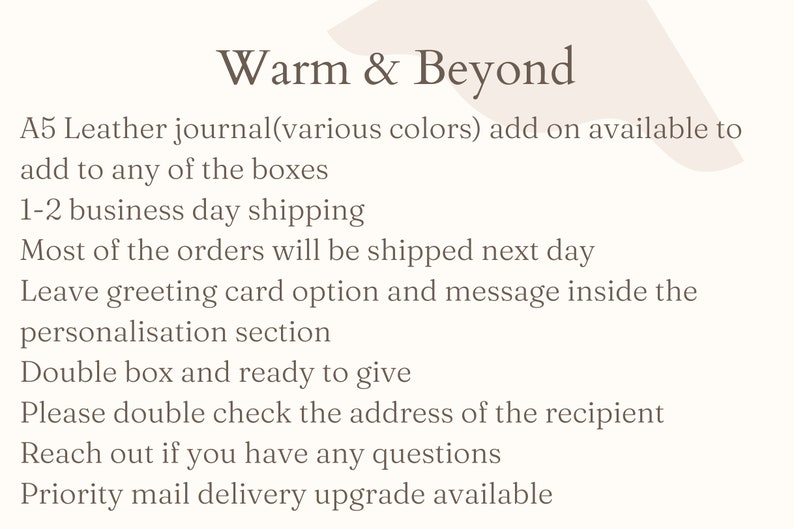 May include: Warm & Beyond text with information about A5 Leather journal, available in various colors, with 1-2 business day shipping, next day shipping for most orders, greeting card option, personalization section, double box, address verification, questions, and priority mail delivery upgrade.