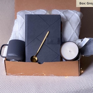 Corporate Gift Basket: Hygge Box, Blanket, Journal & Mug Grey journal