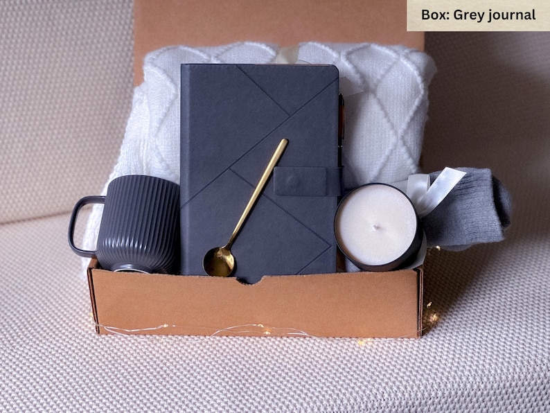 Corporate Gift Basket: Hygge Box, Blanket, Journal & Mug Grey journal