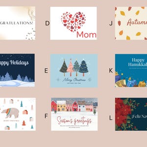 May include: A set of 12 greeting cards featuring various holiday themes, including congratulations, happy holidays, merry christmas, happy hanukkah, and autumn. The cards are illustrated with colorful designs and text.
