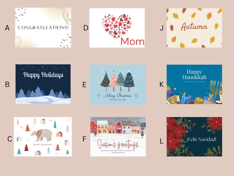 May include: A set of 12 greeting cards featuring various holiday themes, including congratulations, happy holidays, merry christmas, happy hanukkah, and autumn. The cards are illustrated with colorful designs and text.