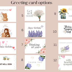May include: A collection of twelve greeting card options. The cards feature various designs, including illustrations of animals, flowers, and heartfelt messages. Text includes "Sending hugs," "Get well soon," and "Happy Birthday."